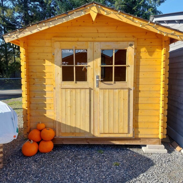 Shed house roof option with charcoal shingles