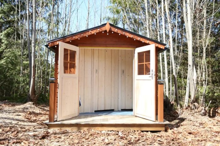 Stained exterior of compact shed house