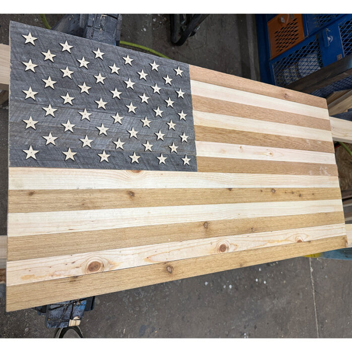 Handcrafted wooden sauna flag made from Norway pine, white pine, and western red cedar