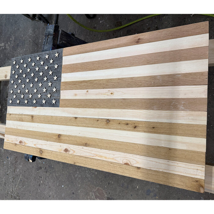 Rustic American flag sauna decor built without chemical finishes for indoor sauna display