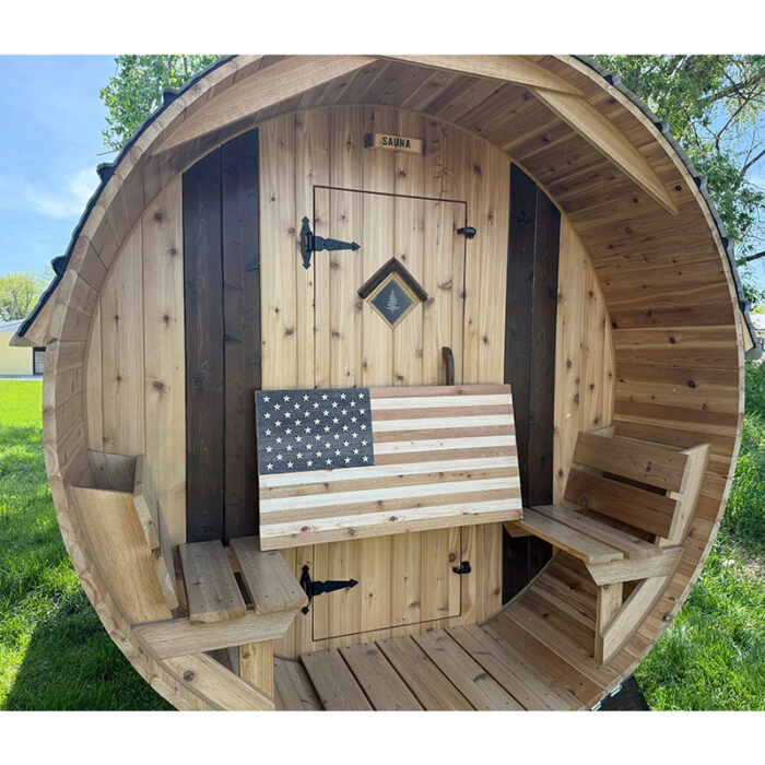Sauna-safe wooden American flag decor made with no glue, no stain, and no finish