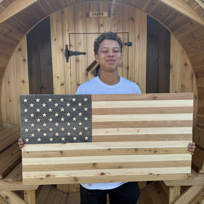 Patriotic wooden sauna wall decor designed for traditional and infrared saunas