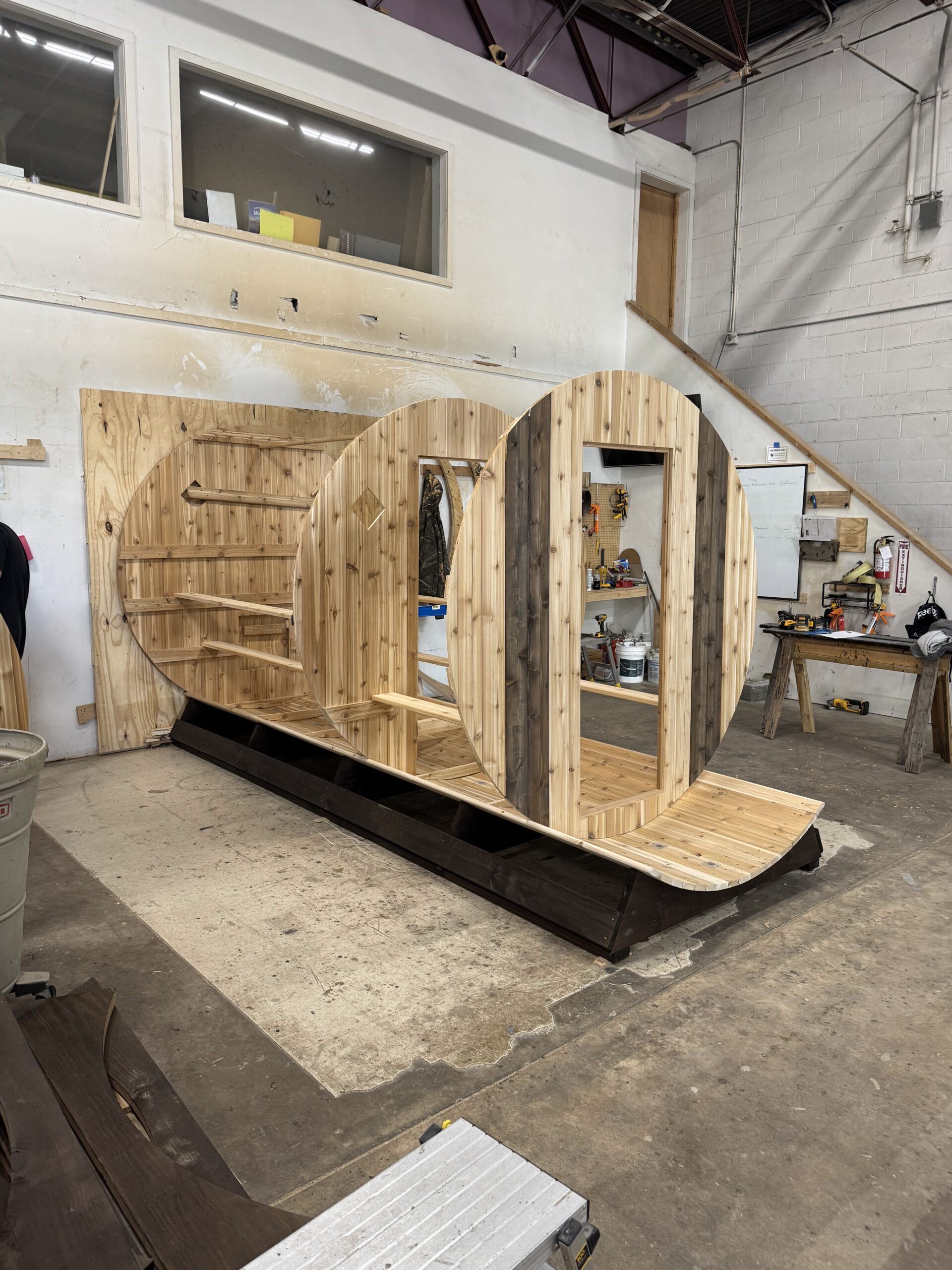 Cedar Sense building the barrel sauna for Sauna n Soak before delivery