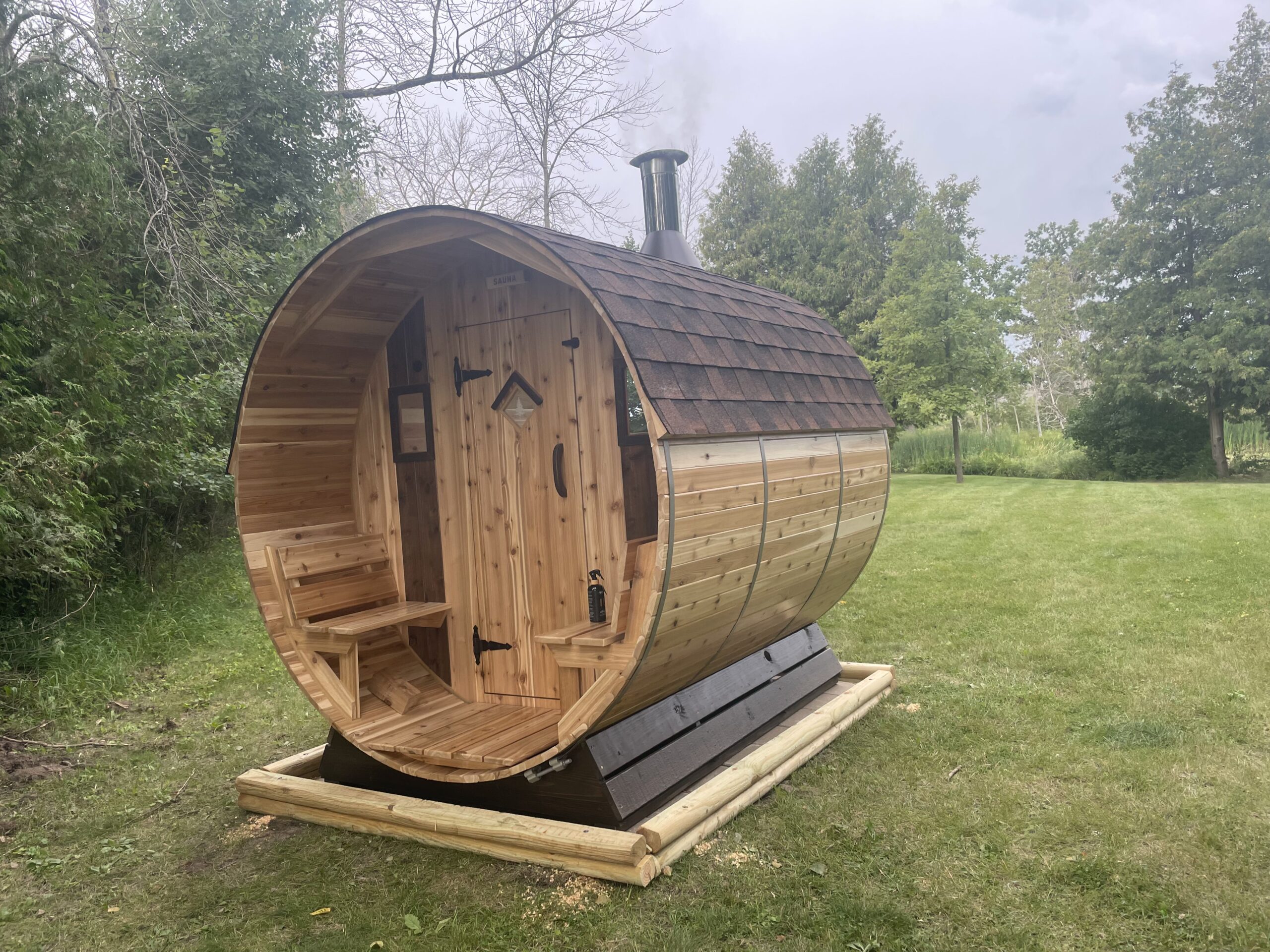Cedar Sense barrel sauna at its final Airbnb rental destination in Sturgeon Bay Wisconsin