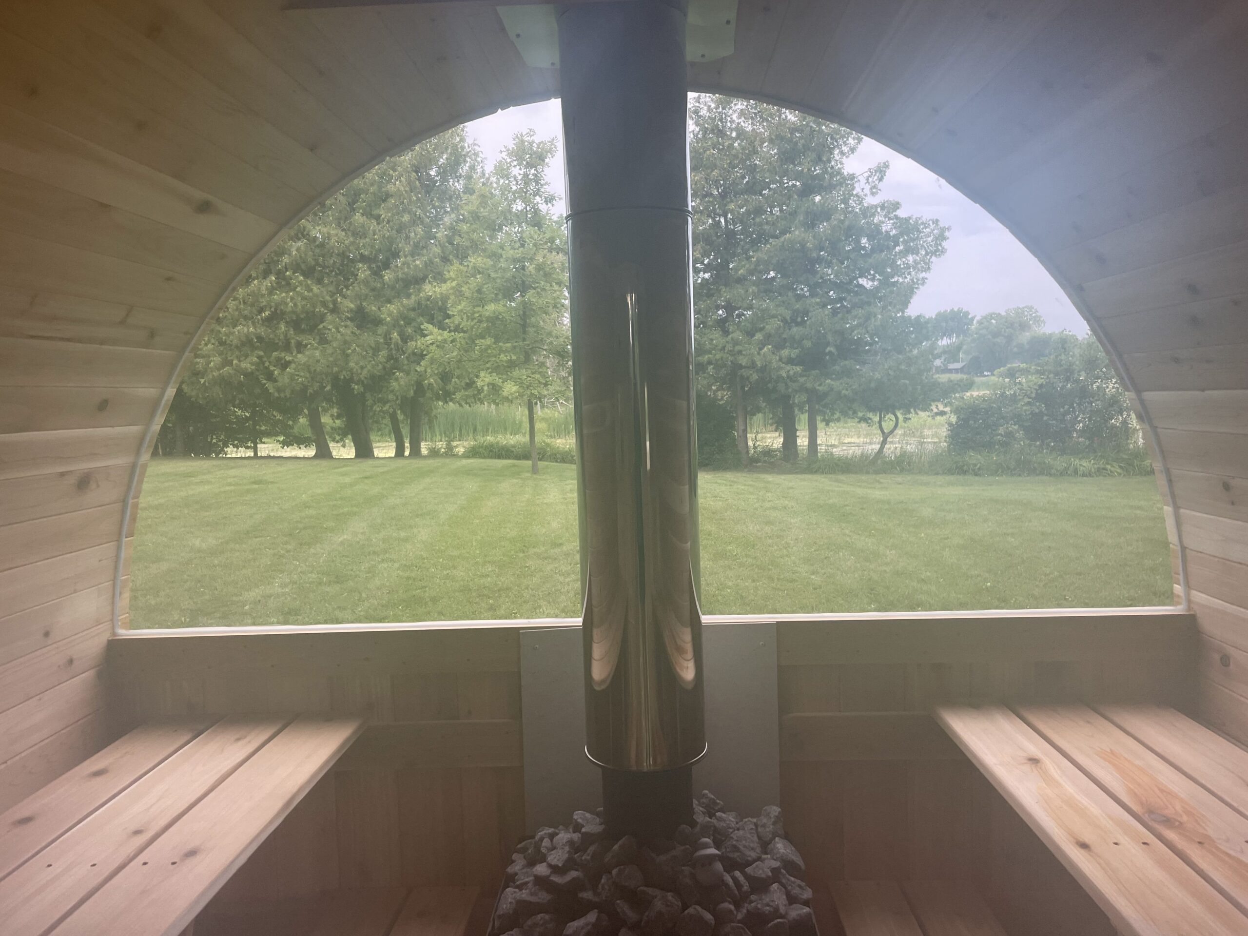 Inside view of the Cedar Sense barrel sauna delivered to an Airbnb rental in Sturgeon Bay Wisconsin