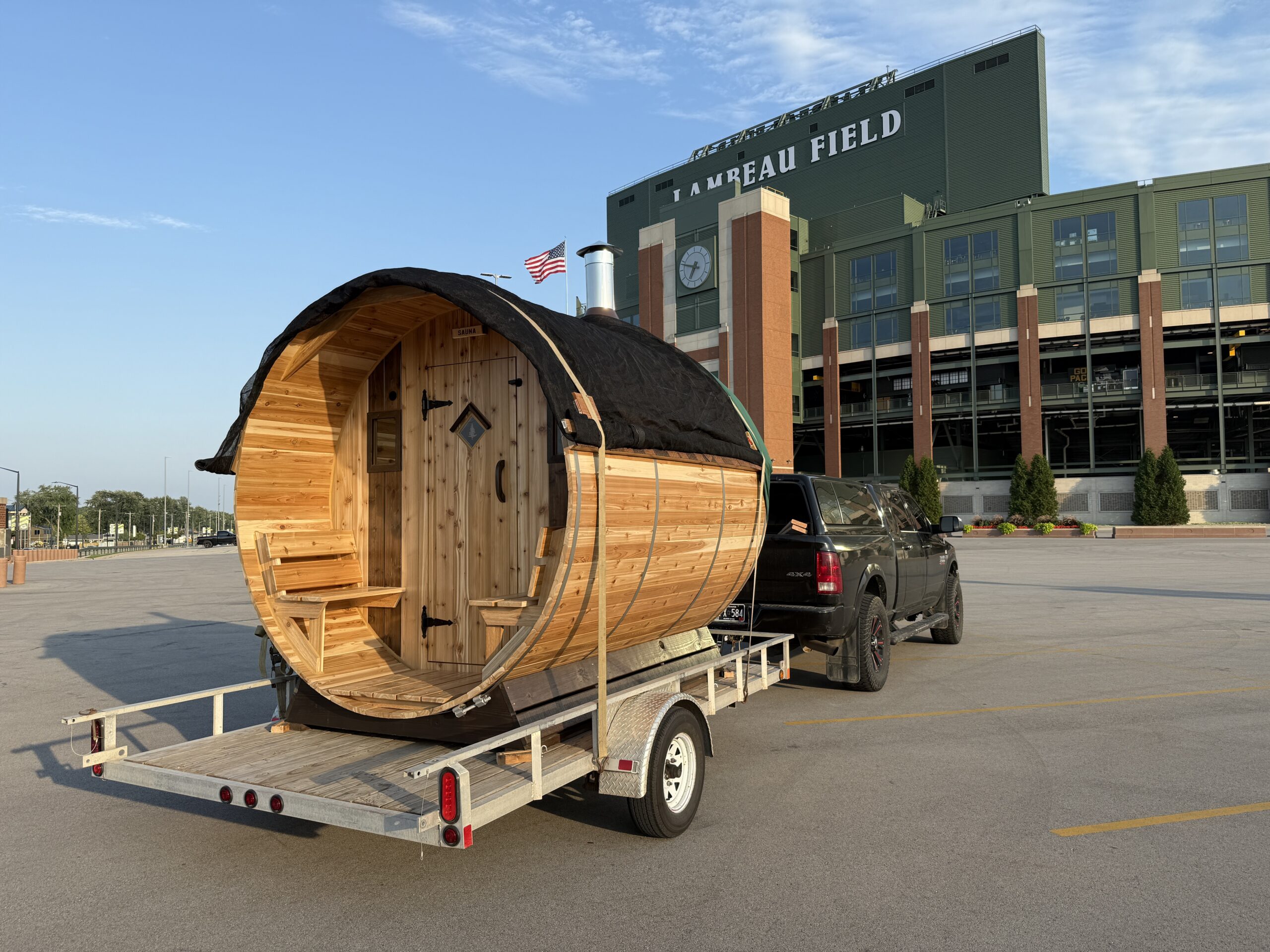Cedar Sense barrel sauna in the Lambeau Field parking lot on the way to Sturgeon Bay Wisconsin