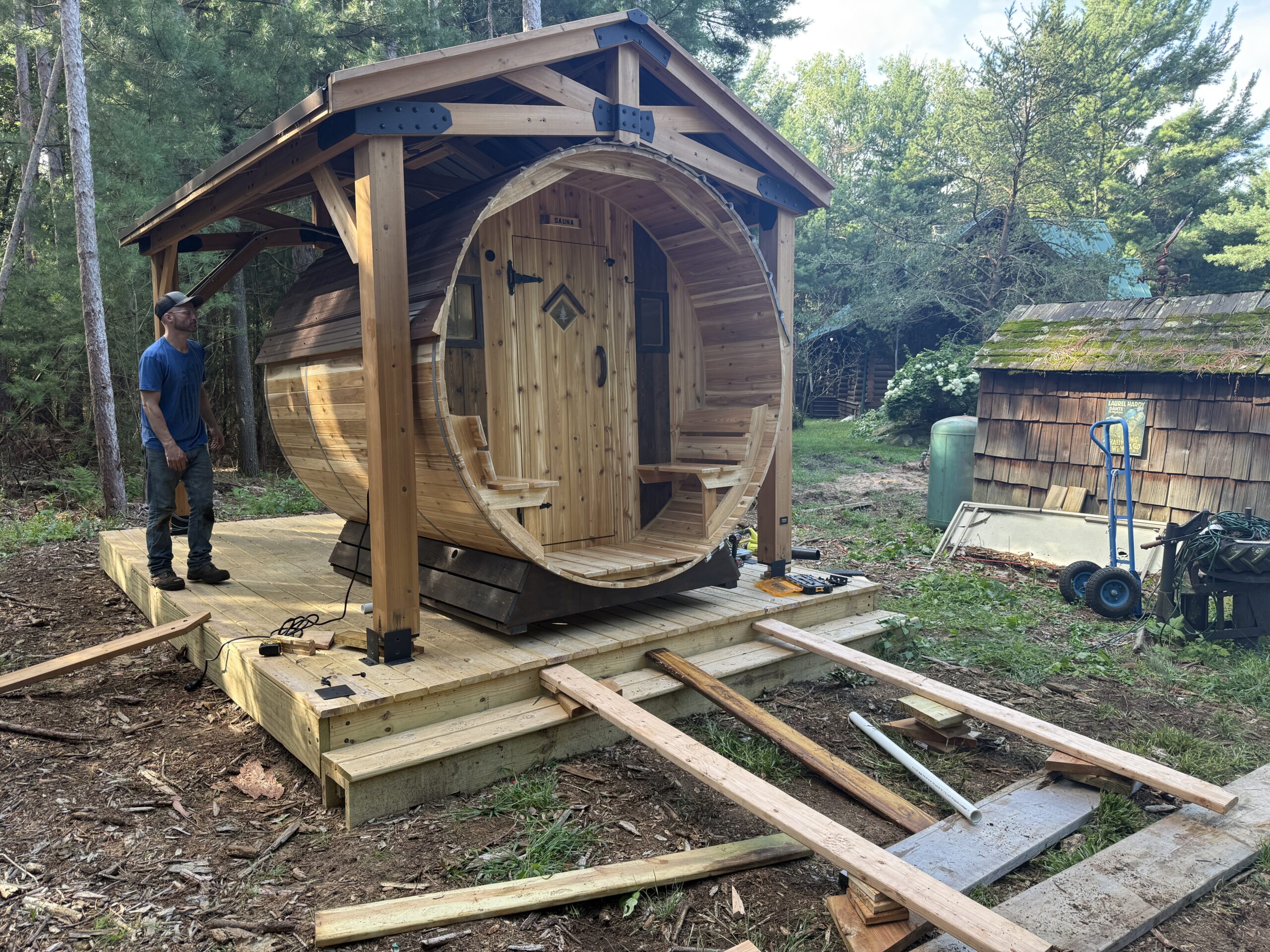 Cedar Sense setting the sauna in place at the BMOC employee training getaway