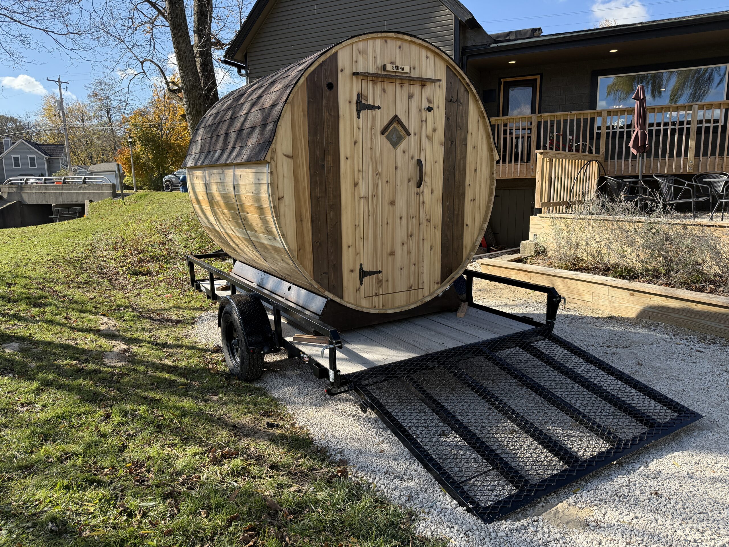 Cedar Sense barrel sauna delivered on a steel trailer for Folklore Winter Camp