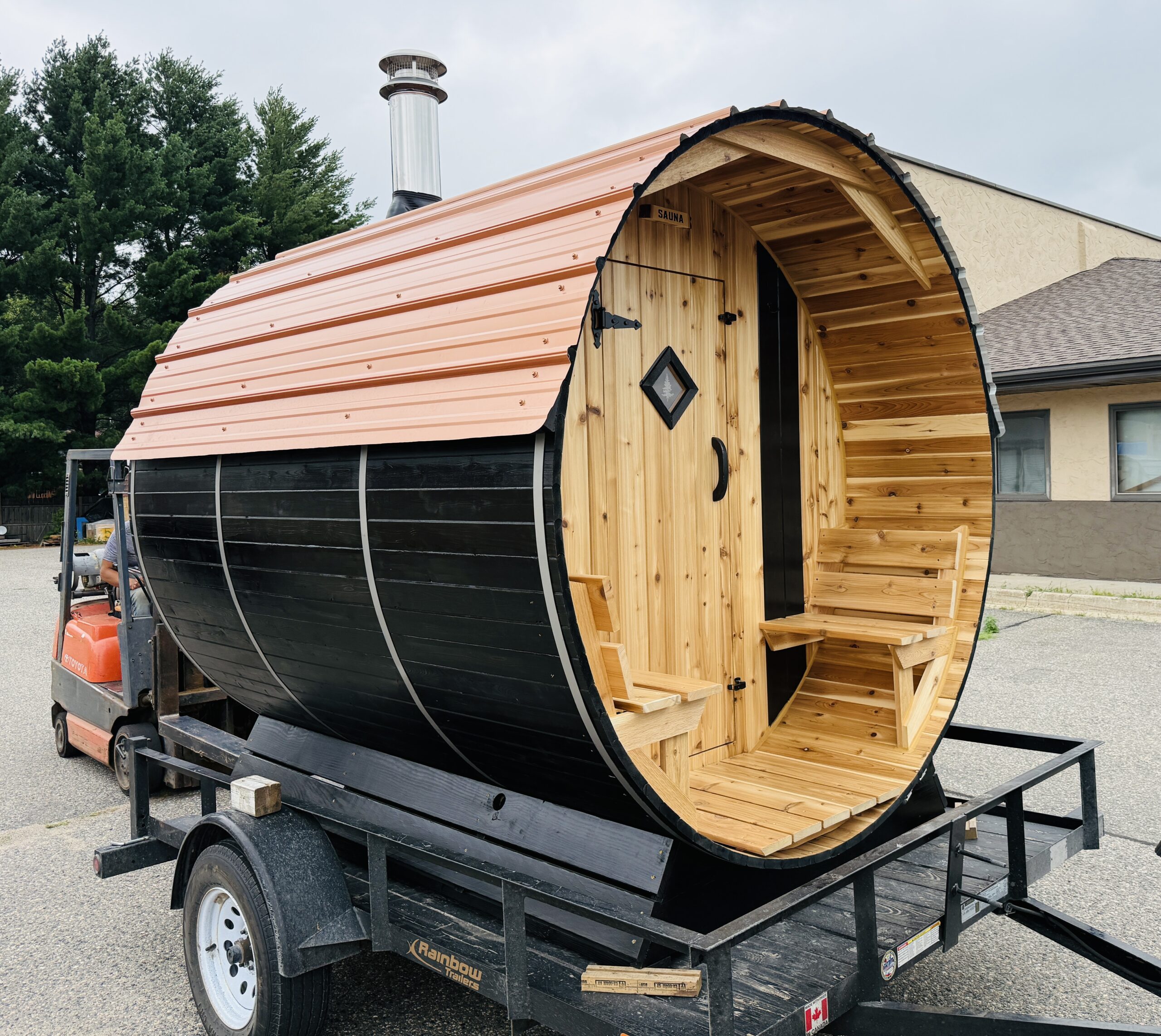 Prebuilt barrel sauna prepared for delivery by Cedar Sense
