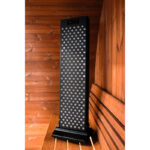 Sauna Elite red light therapy panel mounted on its adjustable support stand