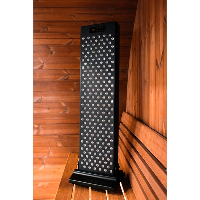 Sauna Elite red light therapy panel mounted on its adjustable support stand