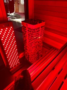 Sauna Elite Red Light Therapy Panel Inside a Sauna NW Immersion Sauna Elite red light therapy panel operating inside a traditional sauna