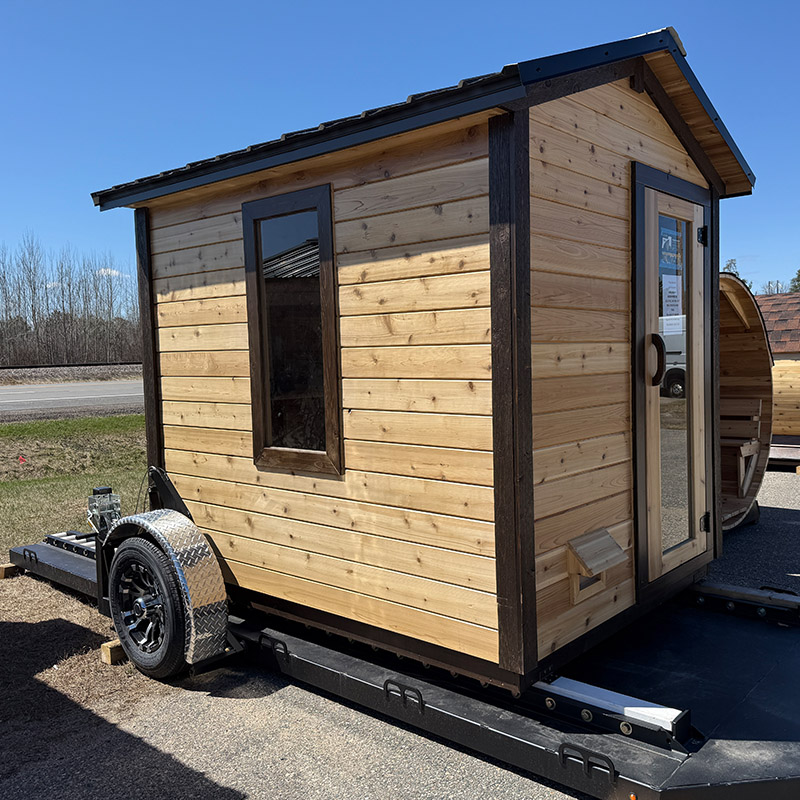 Fully assembled Nordheim Loki outdoor sauna prepared for delivery