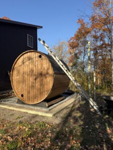 Finishing the roof on Cody's SaunaLife E7G barrel sauna